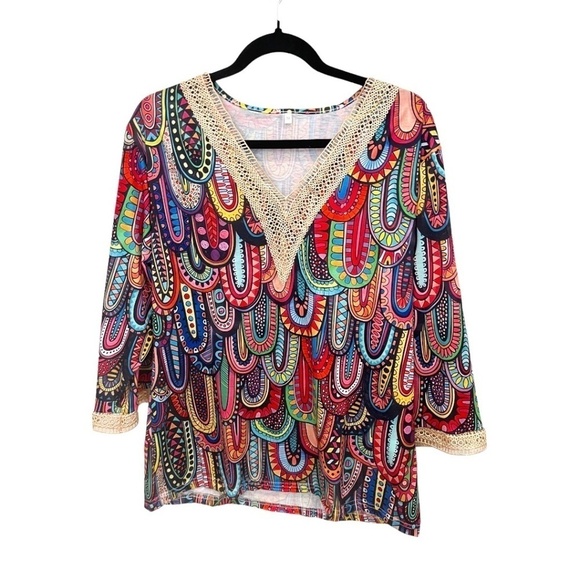 Unbranded Long Sleeve V-Neck Lace Trim Colorful Top NWOT Size Medium - Picture 1 of 3